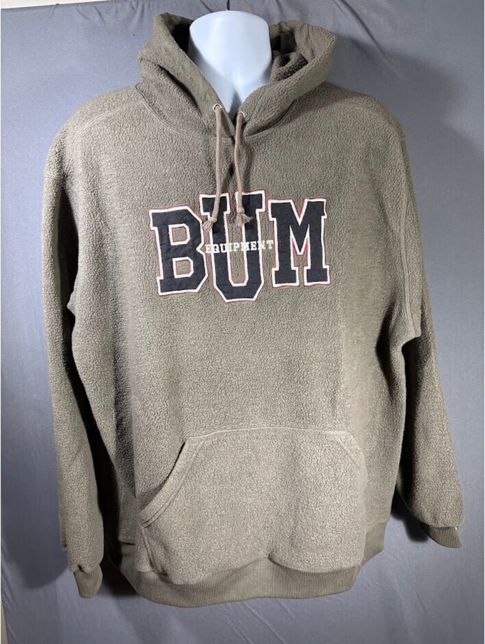 Vintage 90s BUM Equipment Fleece Hoodie XL Brown Spellout Pullover Sweatshirt
